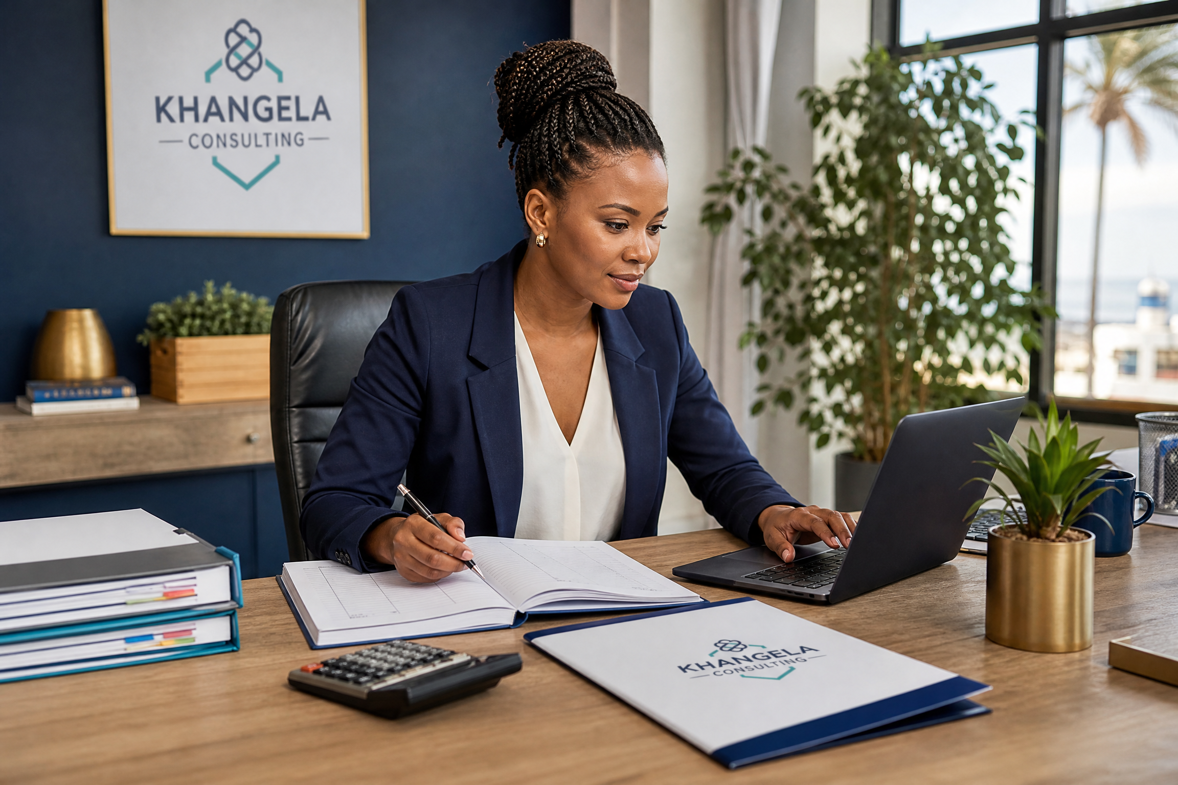 Consultant working through monthly bookkeeping records