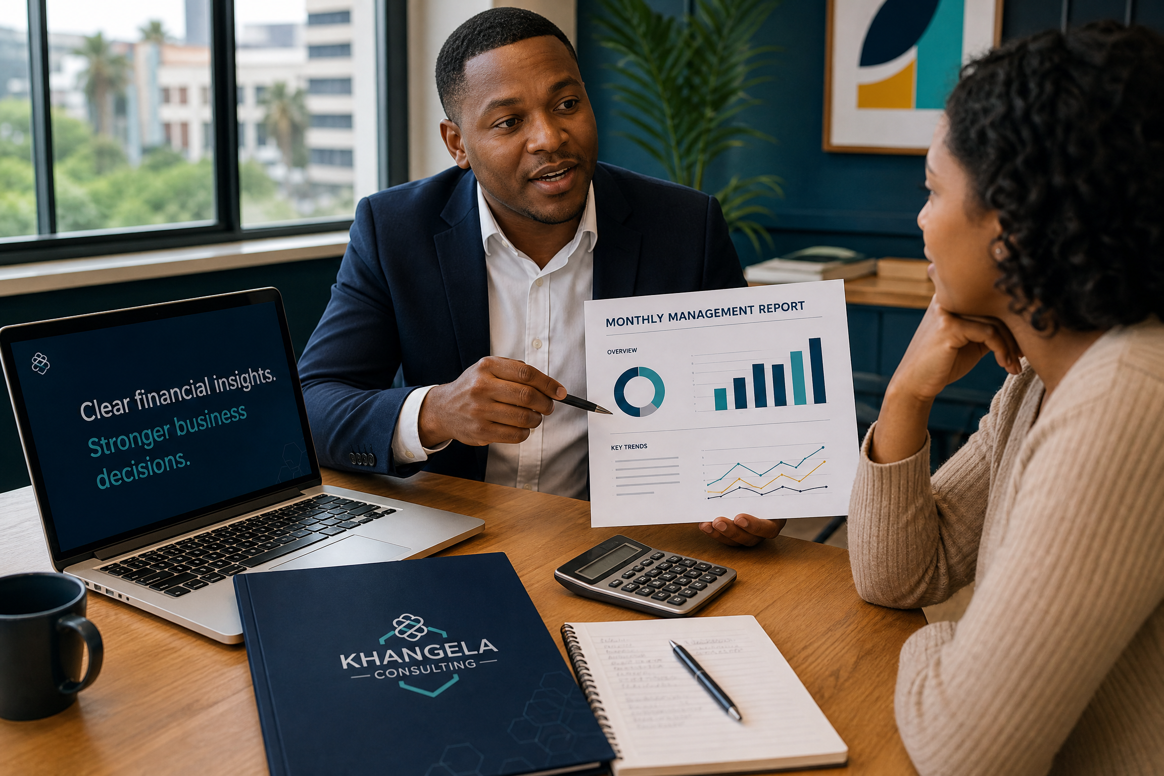 Consultant presenting a monthly management report
