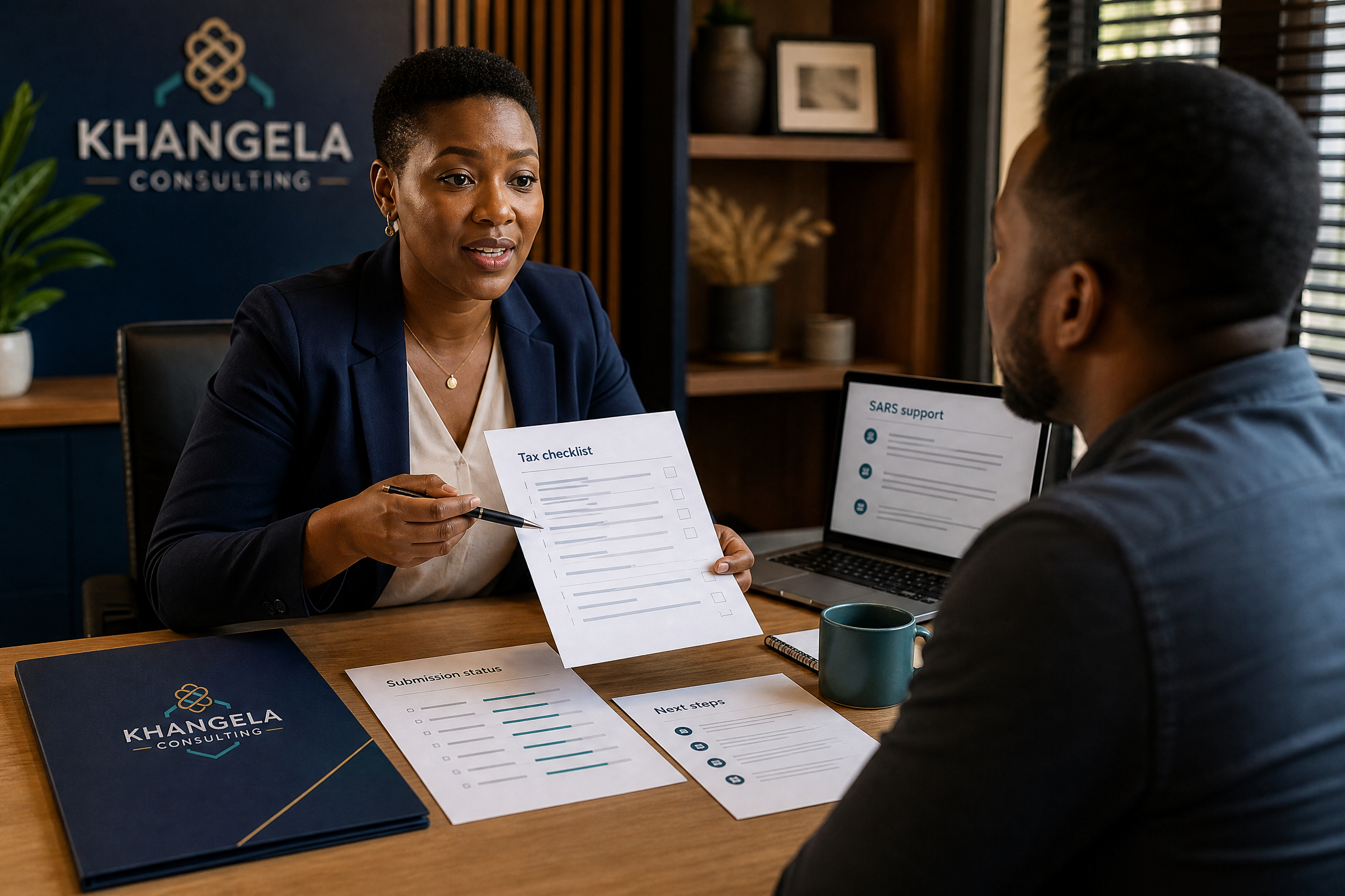Consultant explaining a tax and SARS checklist to a business owner